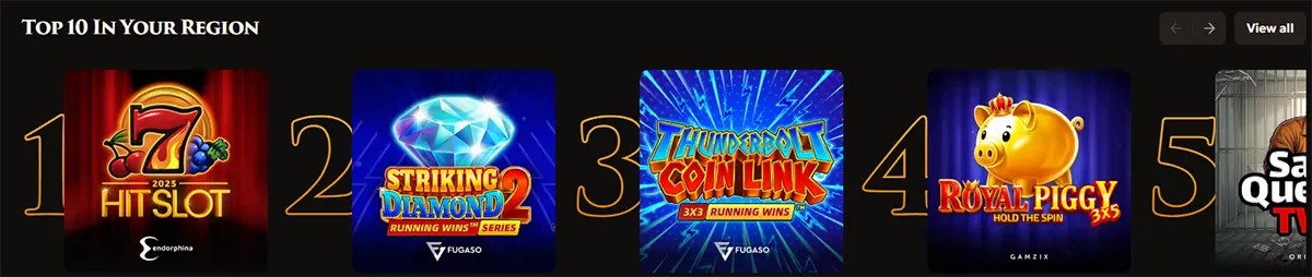 Top 10 in your region casino games section showing ranked slot thumbnails including Hit Slot, Striking Diamond 2, Thunderbolt Coin Link, and Royal Piggy, with navigation arrows and a “View all” button on a dark interface.