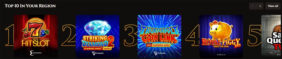 Top 10 in your region casino games section showing ranked slot thumbnails including Hit Slot, Striking Diamond 2, Thunderbolt Coin Link, and Royal Piggy, with navigation arrows and a “View all” button on a dark interface.