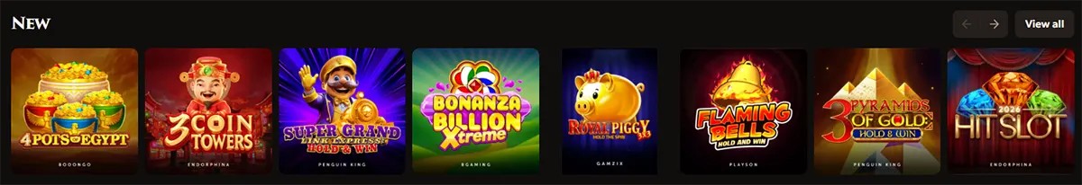 New slot games section featuring 4 Pots of Egypt, 3 Coin Towers, Super Grand Express Hold & Win, Bonanza Billion Xtreme, Royal Piggy, Flaming Bells Hold and Win, 3 Pyramids of Gold, and Hit Slot, with navigation arrows and a “View all” button on a dark casino interface.