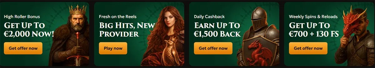 Promotional casino banners with a medieval fantasy theme, featuring a high roller bonus up to €2,000, fresh reels and new provider highlights, daily cashback up to €1,500, and weekly spins and reloads up to €700 plus 130 free spins, each with yellow call-to-action buttons.