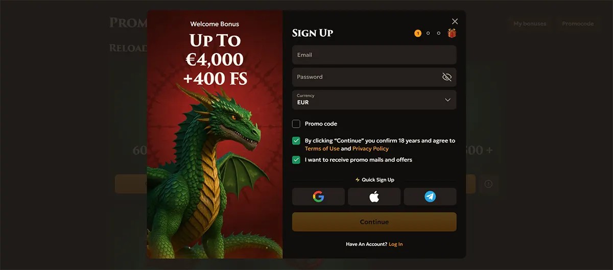 Casino sign-up popup featuring a welcome bonus of up to €4,000 plus 400 free spins, with email, password, currency selection, promo code option, consent checkboxes, quick sign-up icons, and a continue button beside a green dragon illustration.