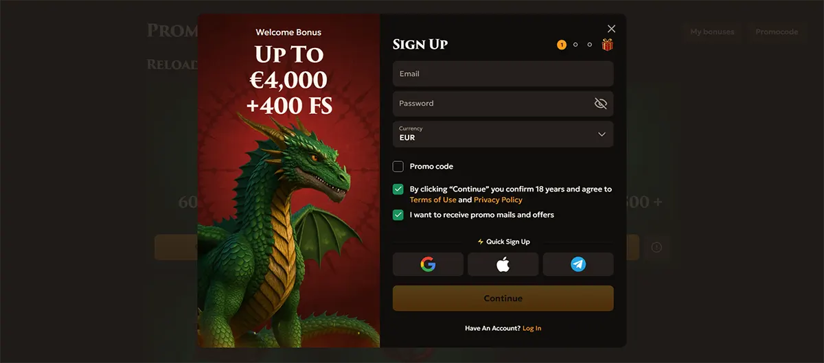 Casino sign-up popup featuring a welcome bonus of up to €4,000 plus 400 free spins, with email, password, currency selection, promo code option, consent checkboxes, quick sign-up icons, and a continue button beside a green dragon illustration.
